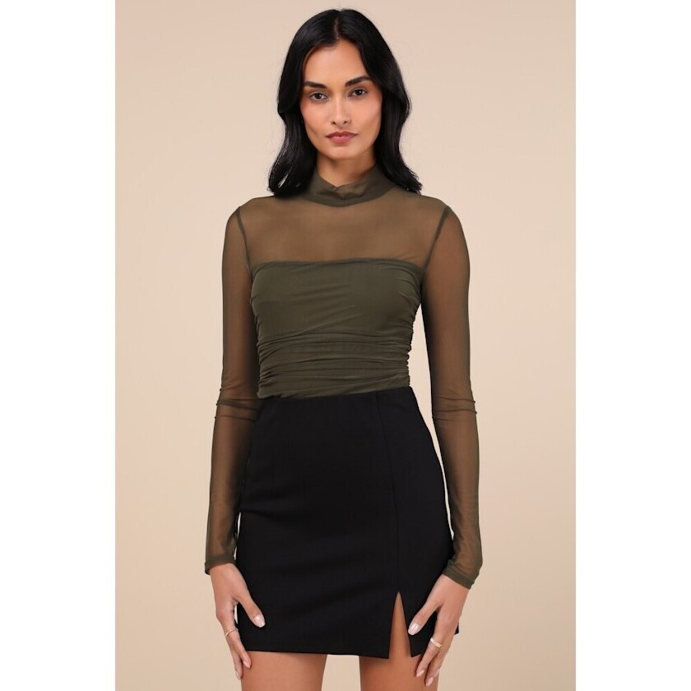 Lulus Clearly Alluring Olive Green Mesh Long Sleeve Mock Neck Bodysuit - Size M
